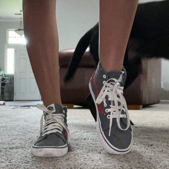 Gray and Red High Top Lace Up Vans Sneakers - Picture 4 of 7